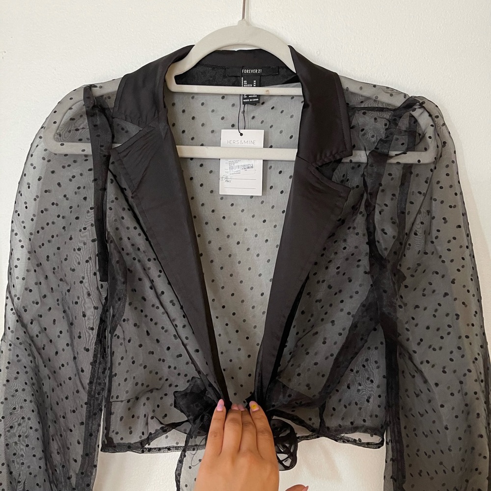 Black collared polka dot mesh top